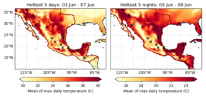 Two figures showing the Hottest 5-day period for maximum daytime temperatures and maximum nighttime temperatures. A thick black contour shows the study region. Black crosses show the locations where impacts or temperature records have been reported.